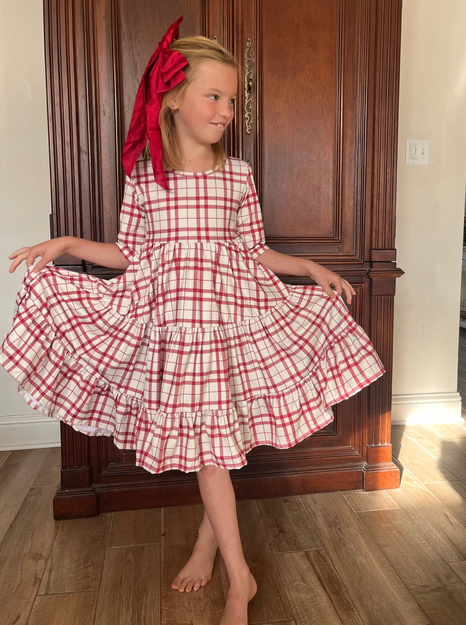 Belle Dress in Holly Berry red plaid